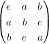 $ \pmat{e & a & b \\ a & b & e \\ b & e & a } $ $ \pmat{e & a & b \\ a & b & e \\ b & e & a } $